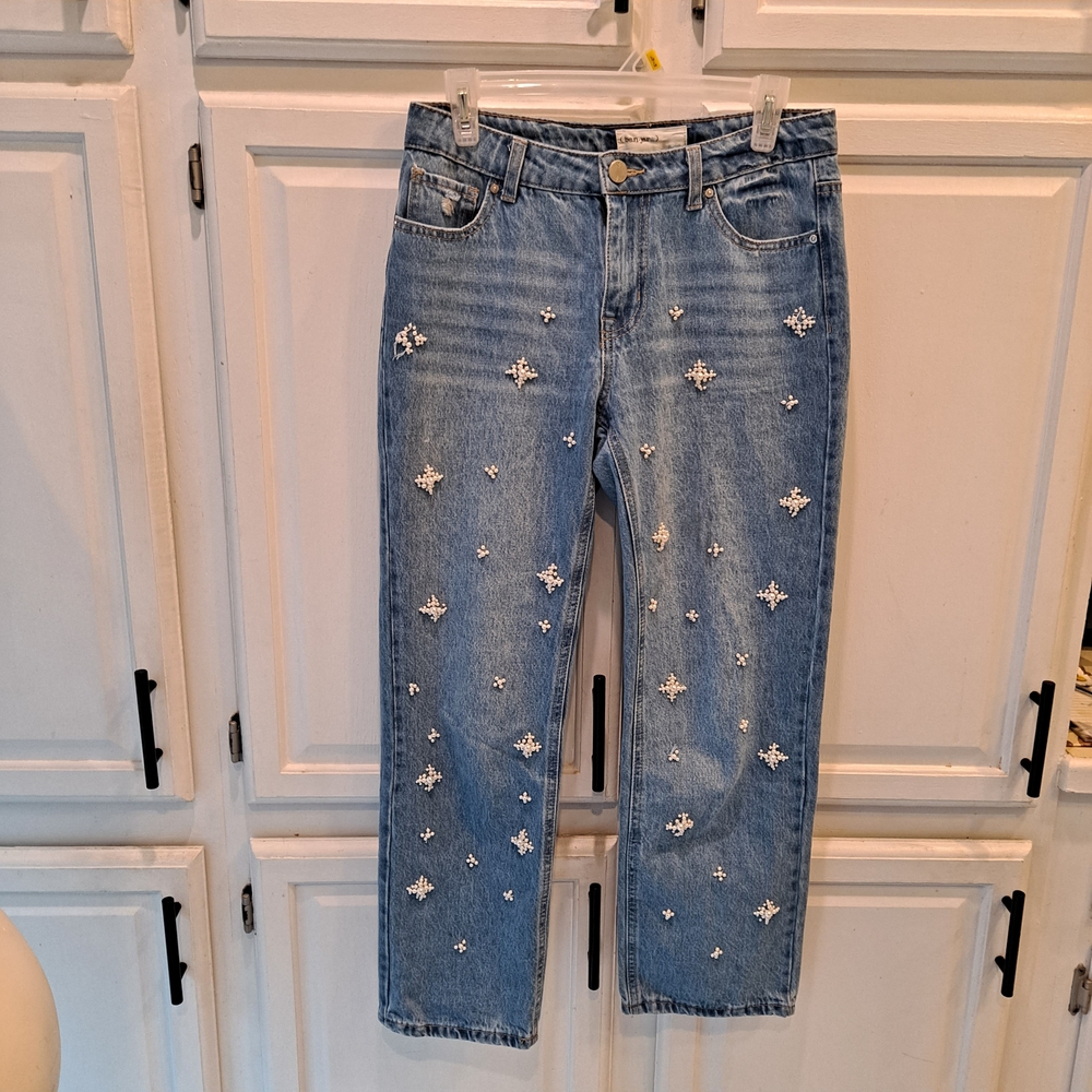 Ban.jara Straight Legged Blue Jeans With Pearl Floral Embellishment